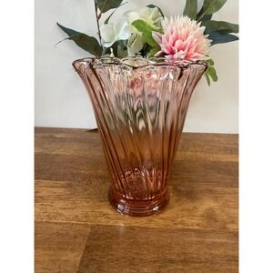 Vintage Pink Depression Glass Vase Flared Ribbed Scalloped Edge Flower Retro